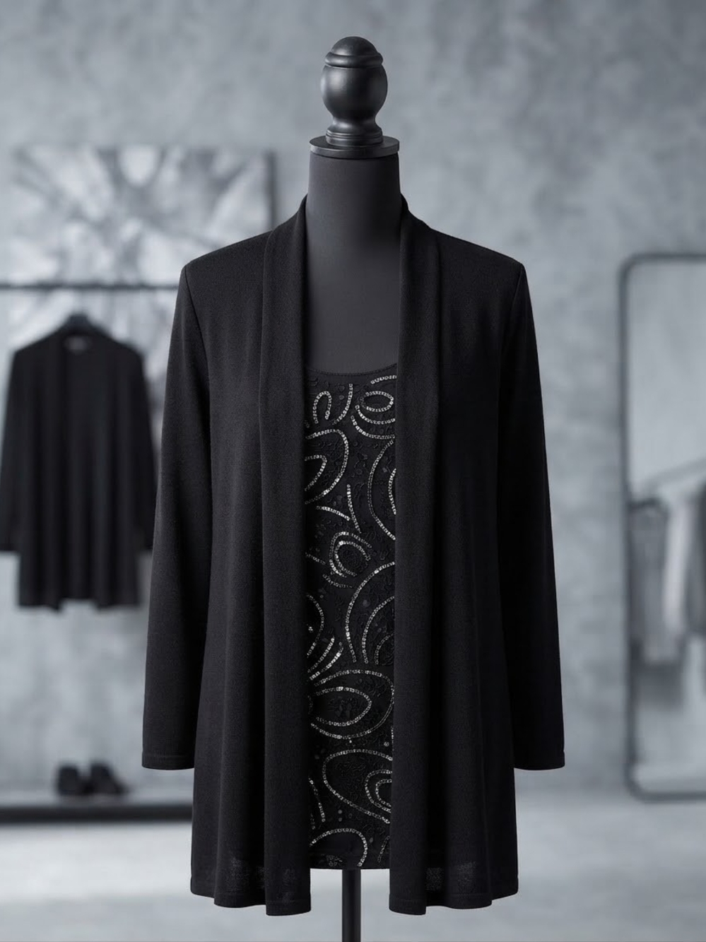 JM Collection Black Open-Front Cardigan with Embellished Black Tank Size Xl